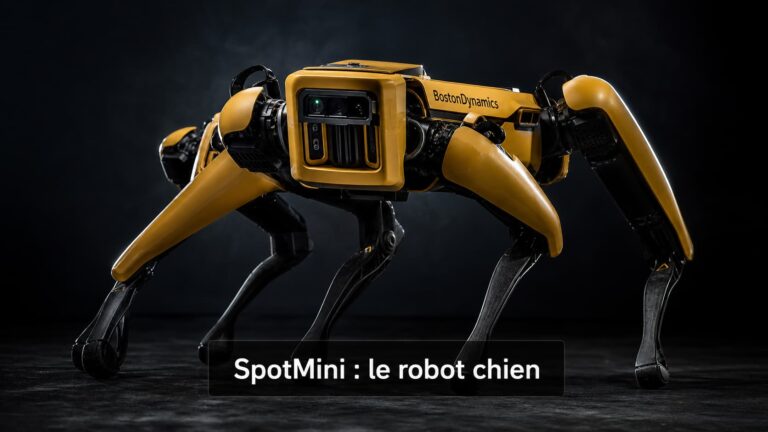 Un robot chien Boston Dynamics SpotMini en pose dynamique sur fond de studio sombre, regardant directement l'objectif, avec des pièces mécaniques détaillées, éclairage dramatique moderne, et un bandeau semi-transparent 'SpotMini : le robot chien' en bas au centre.