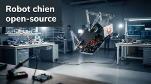 Un robot chien effectuant un salto arrière dynamique dans un atelier technologique moderne avec éclairage dramatique, texte superposé 'Robot chien open-source' avec ombre portée sur fond sombre semi-transparent.