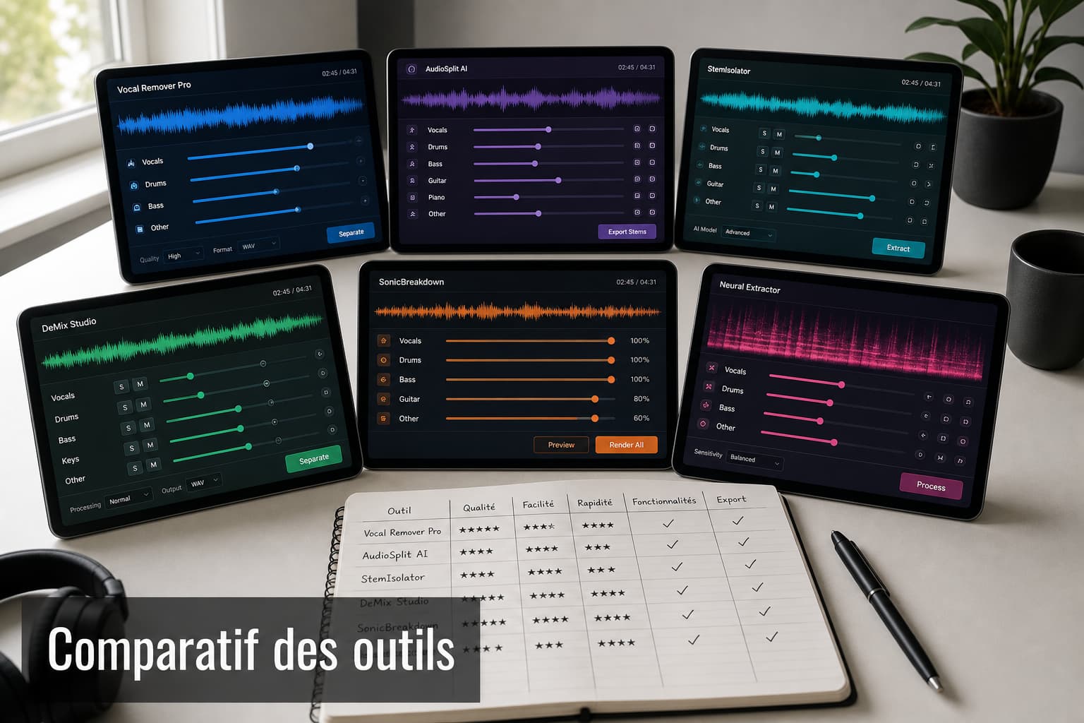 Disposition en éventail de tablettes et écrans sur un bureau blanc, chacune affichant une interface colorée de logiciel de séparation audio, avec carnet de notes manuscrites, stylo, et texte superposé