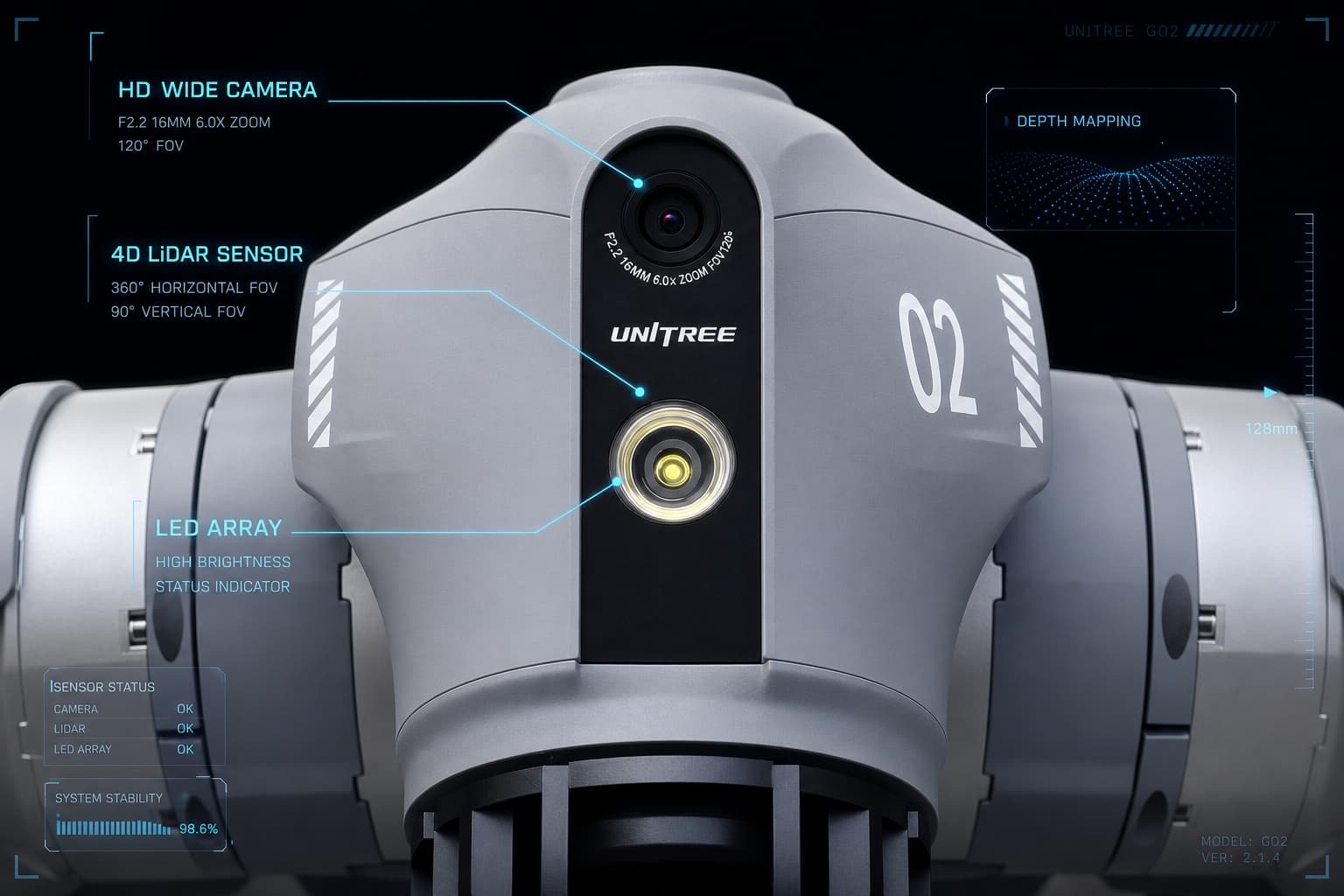 Gros plan en style infographique de la tête du Unitree Go2 mettant en évidence le capteur LiDAR 4D, la caméra HD et la matrice LED lumineuse, avec annotations techniques en surimpression sur fond sombre et accents néon bleus.