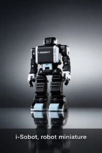Petit robot humanoïde blanc et bleu debout sur une surface réfléchissante, avec un éclairage dramatique et un texte 'i-Sobot, robot miniature' en superposition.