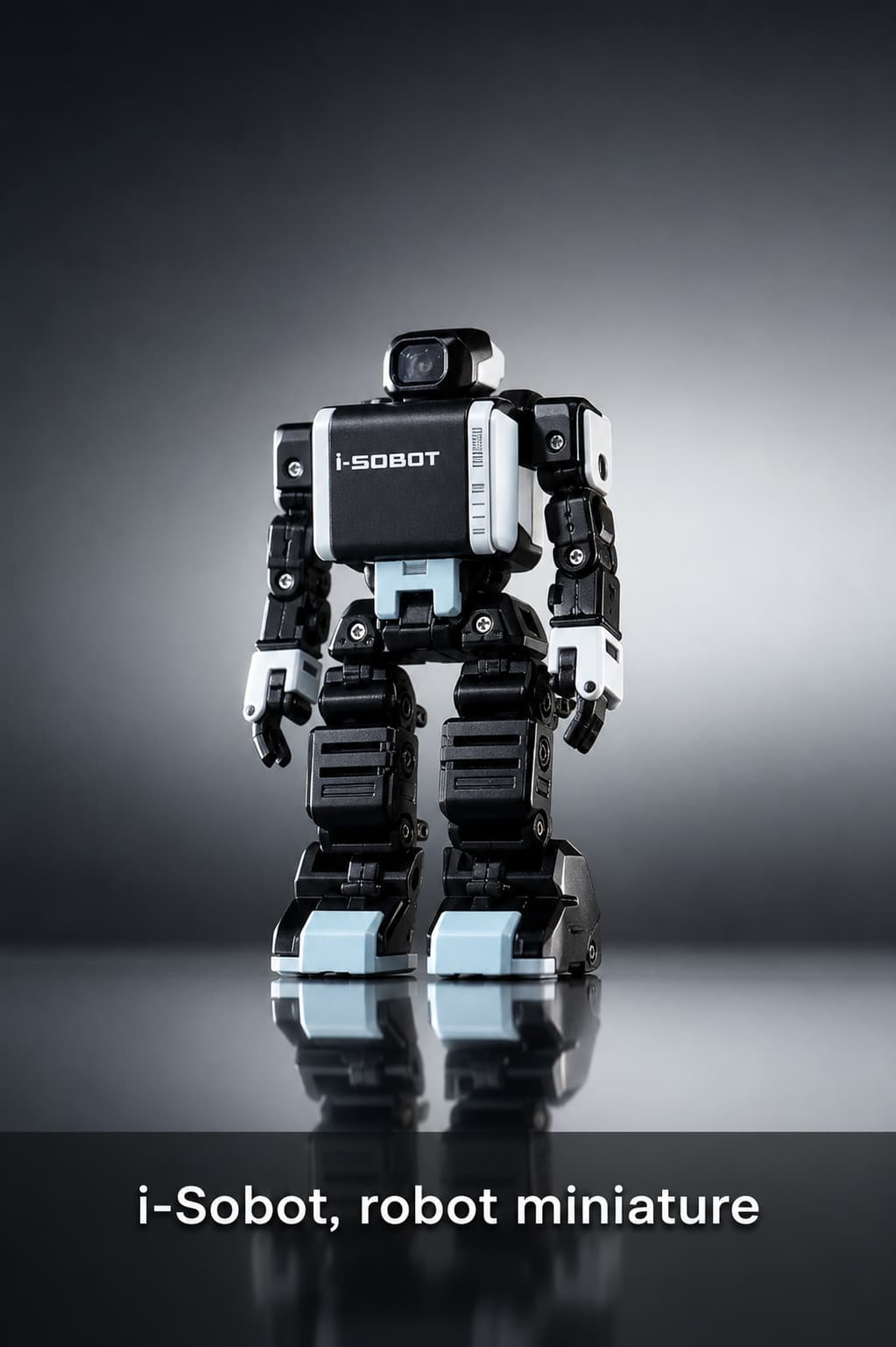 Petit robot humanoïde blanc et bleu debout sur une surface réfléchissante, avec un éclairage dramatique et un texte
