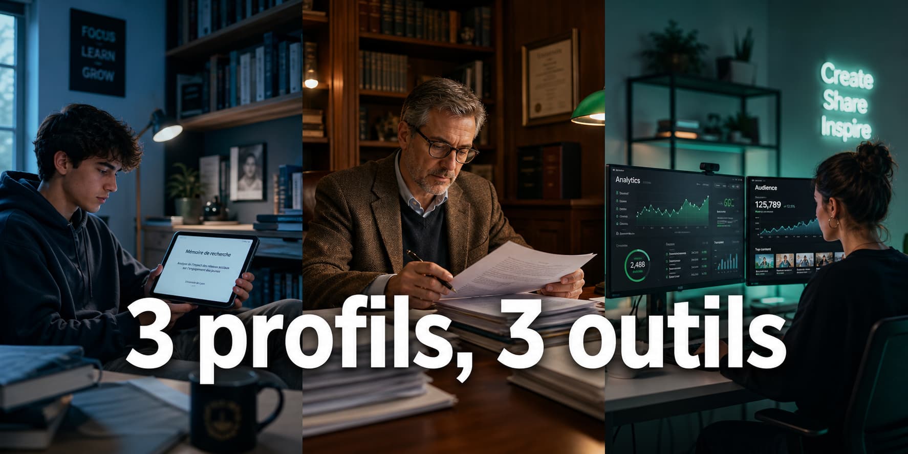 Trois vignettes éditoriales côte à côte montrant un étudiant avec une tablette dans une bibliothèque, un professeur examinant des documents à un bureau en bois avec des lunettes, et un créateur de contenu à un bureau moderne avec deux écrans affichant des analyses, chaque scène avec une tonalité de couleur différente, éclairage professionnel, et le texte