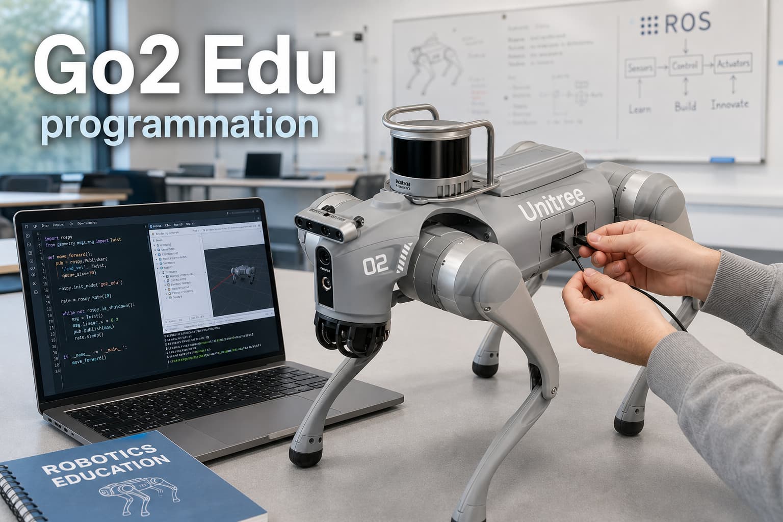 Robot chien Unitree Go2 Edu aux capteurs apparents dans une salle de classe claire, avec un étudiant branchant un câble sur un ordinateur portable affichant du code.
