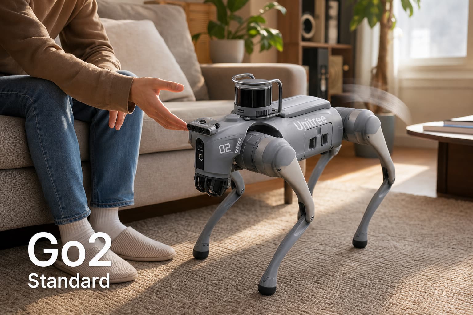 Chien robot Unitree Go2 dans un salon, jouant avec une personne sur un canapé, avec caméra HD et capteur LiDAR visibles sous une lumière naturelle et le texte