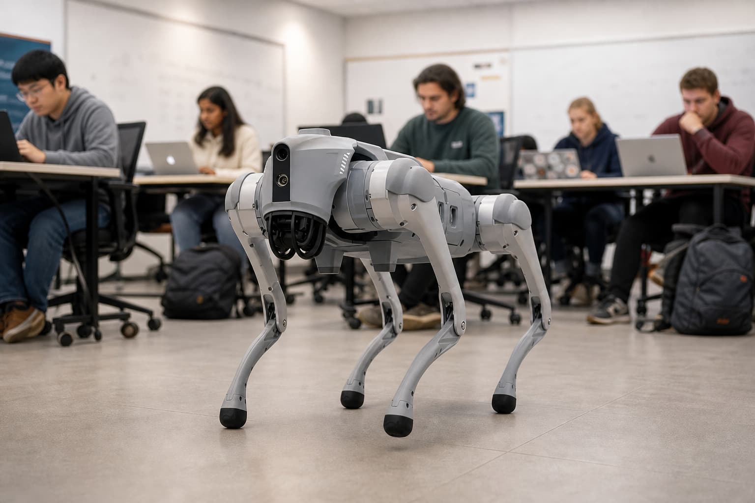 Un chien robot quadrupède marche dans une salle de classe universitaire lumineuse, avec des étudiants flous en arrière-plan travaillant sur des ordinateurs portables, un sol propre aux lignes quadrillées, sous un éclairage chaleureux.