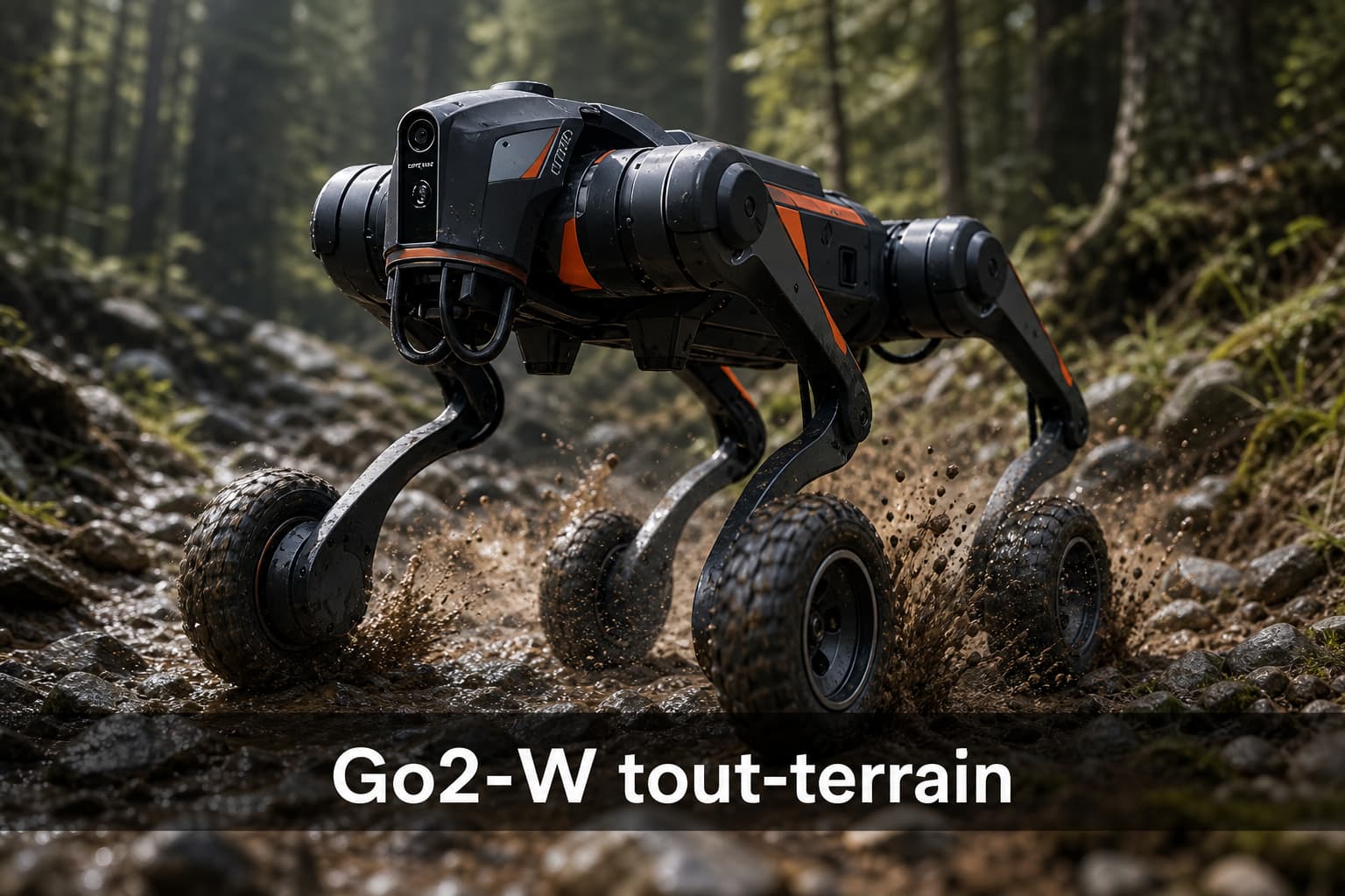 Un robot chien Unitree Go2-W noir et orange équipé de roues tout-terrain avance en pleine action sur un chemin forestier rocheux, projetant de la boue, sous un éclairage naturel, avec le texte