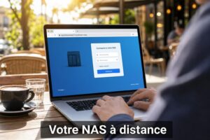 Une personne assise à une table de café en extérieur devant un ordinateur portable affichant la page de connexion DSM et l'adresse quickconnect.to, avec le texte « Votre NAS à distance » en surimpression.