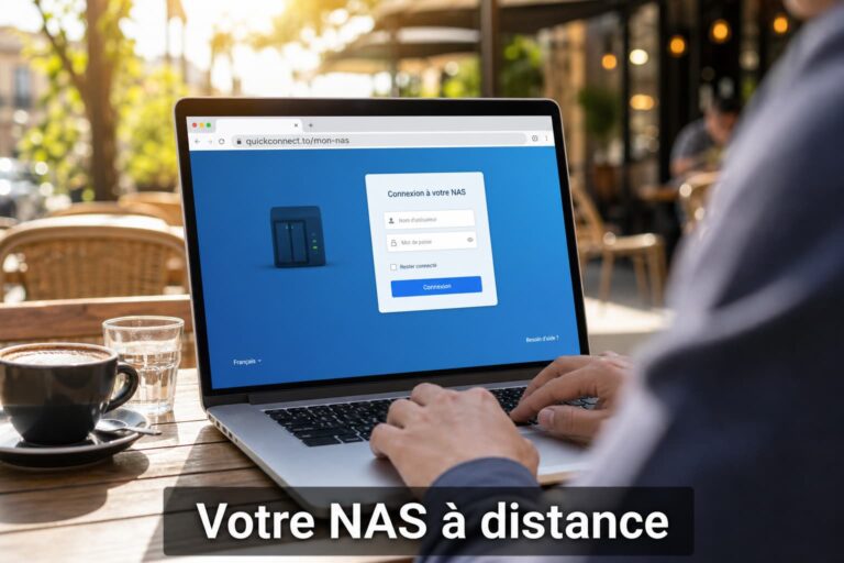 Une personne assise à une table de café en extérieur devant un ordinateur portable affichant la page de connexion DSM et l'adresse quickconnect.to, avec le texte « Votre NAS à distance » en surimpression.