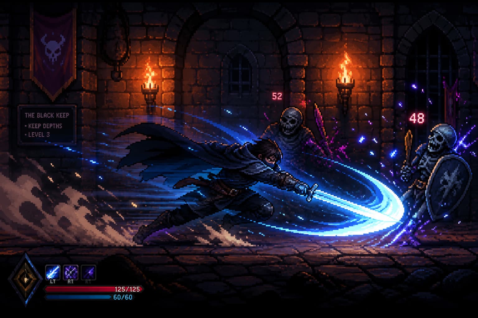 Personnage pixel art en mouvement rapide traversant un donjon sombre, illuminé par des torches et des effets de combat colorés, arme brillante décrivant une traînée lumineuse.