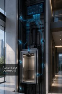 Vue en coupe d'une cage d'ascenseur moderne affichant le texte 'Ascenseur connecté', avec des capteurs électroniques et des flux de données numériques remontant vers une interface de supervision.