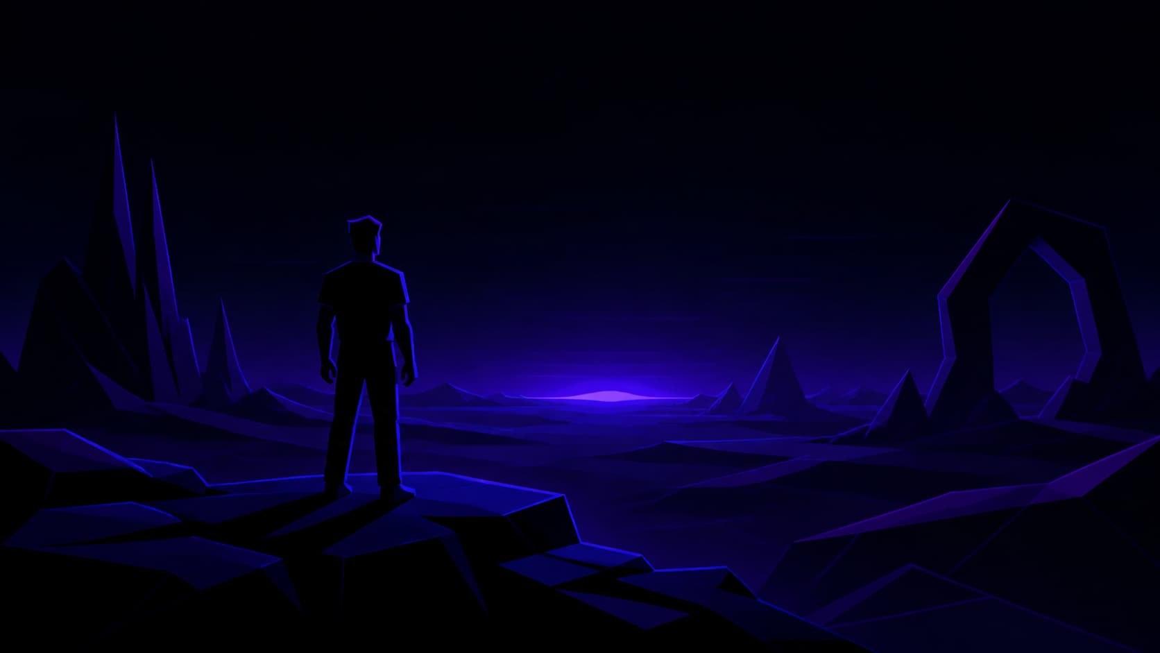 Silhouette humaine vectorielle devant un paysage extraterrestre géométrique aux couleurs sombres, évoquant l