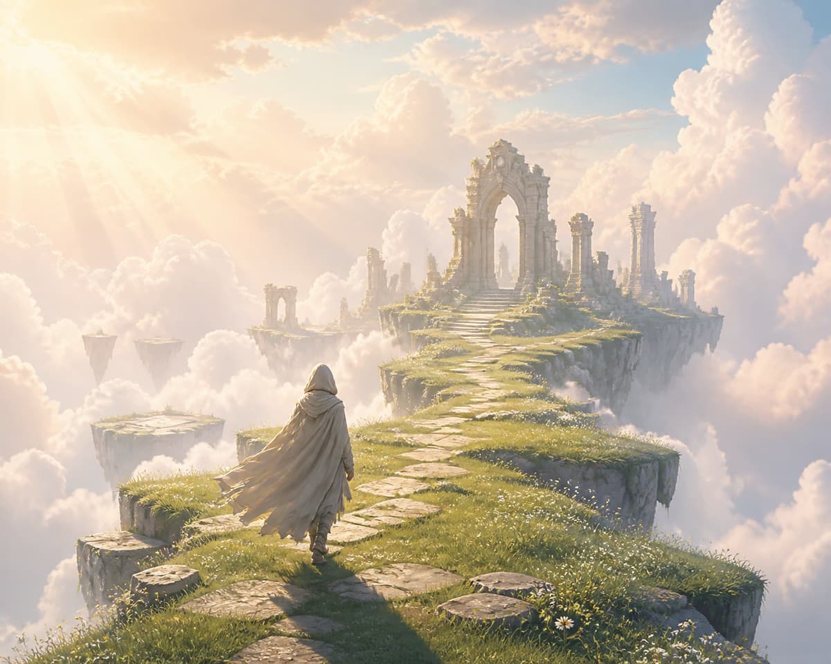Un personnage encapuchonné vu de dos avance dans un vaste paysage céleste lumineux parsemé de douces ruines et de nuages dorés.
