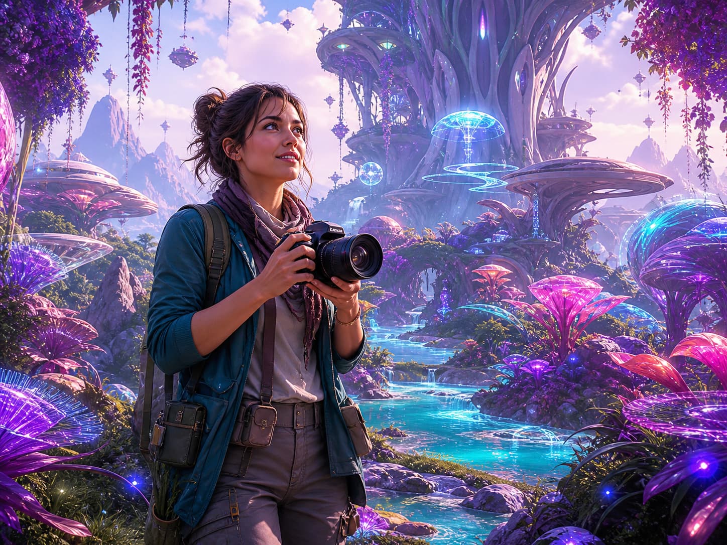 Une aventurière avec un appareil photo explore un paysage de science-fiction coloré mêlant végétation luxuriante et technologie futuriste.