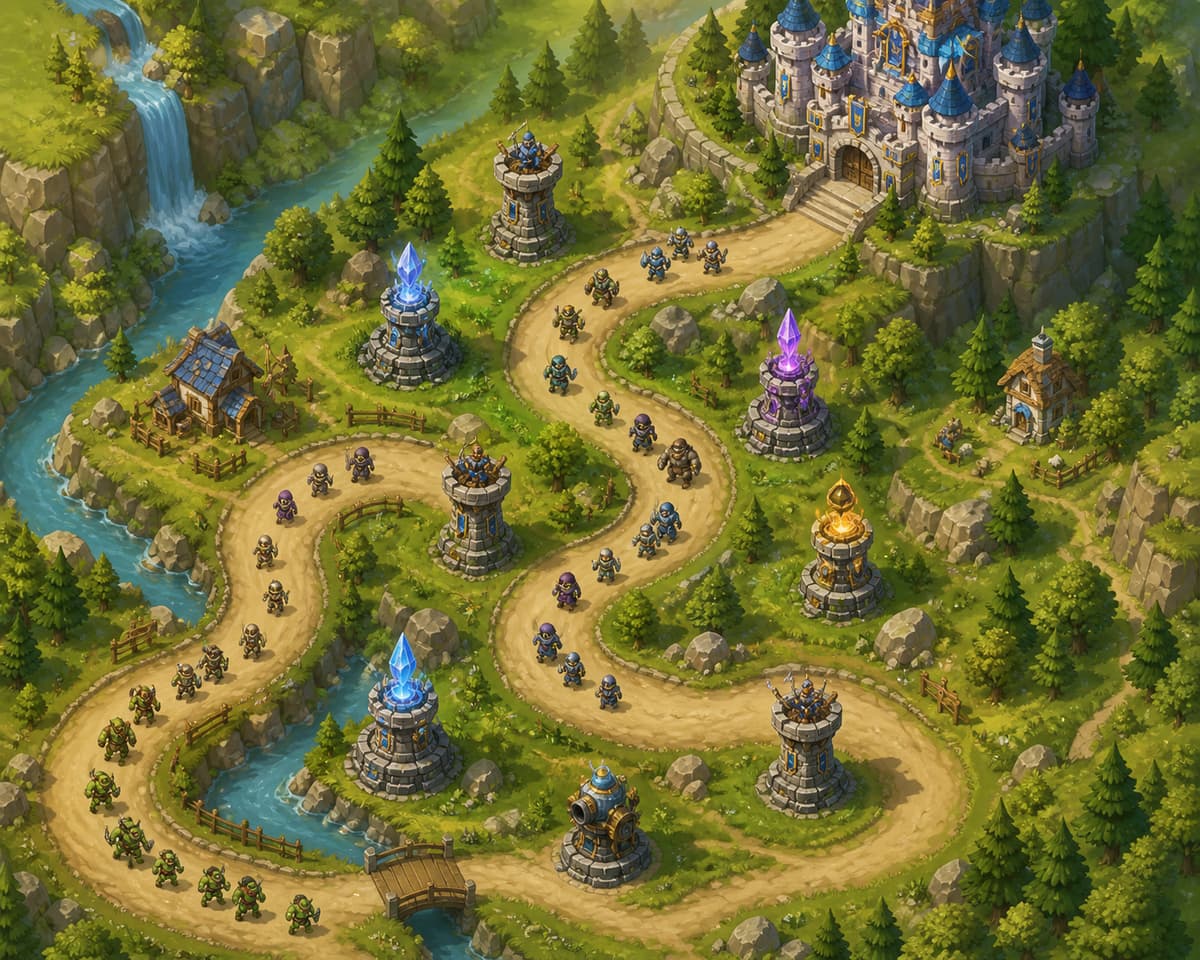 Vue de dessus d'un terrain de jeu fantastique avec un chemin sinueux bordé de tours défensives menant à un château en pierre.