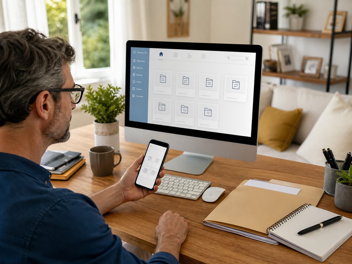 Une personne assise à son bureau consulte des dossiers administratifs classés par catégories sur un écran d'ordinateur et un smartphone.
