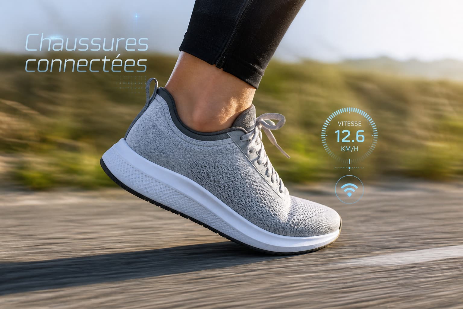 Chaussure de sport moderne en pleine foulée, avec des éléments d
