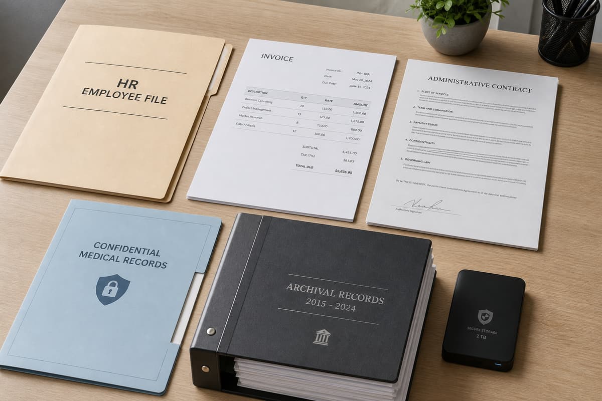 Cinq dossiers professionnels distincts disposés sur un bureau représentant les ressources humaines, la comptabilité, les contrats administratifs, le médical et les archives.