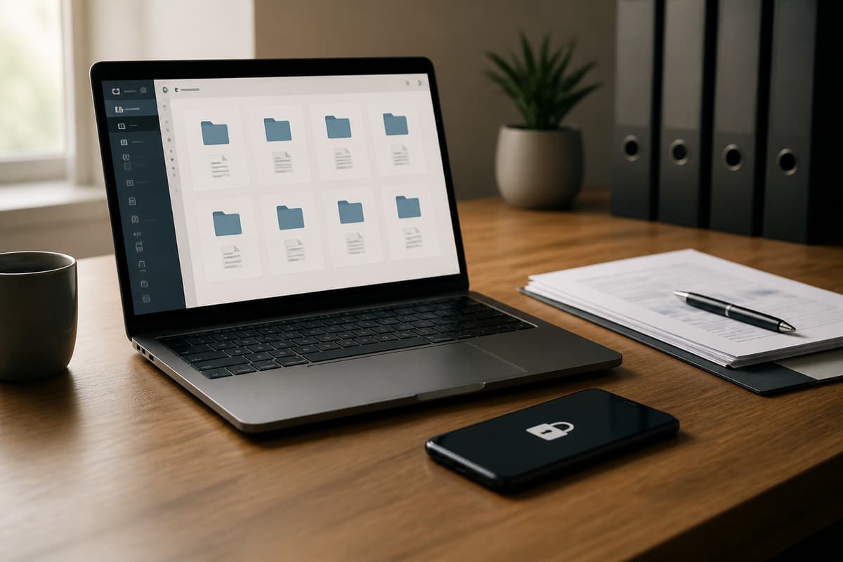 Ordinateur portable affichant une arborescence de dossiers numériques, accompagné d'un smartphone verrouillé et de documents administratifs sur un bureau.