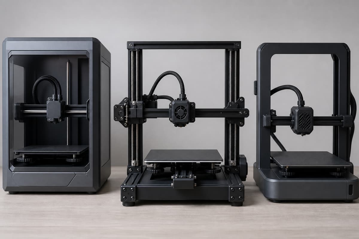 Trois imprimantes 3D de bureau aux conceptions différentes sont alignées sur un plan de travail neutre.