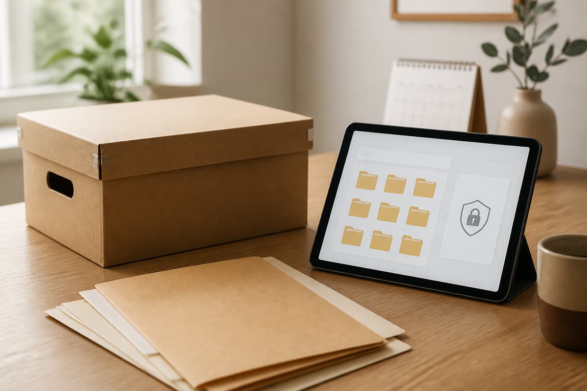 Boîte d'archives en carton et tablette affichant des dossiers numériques protégés sur un bureau en bois éclairé par une lumière naturelle.