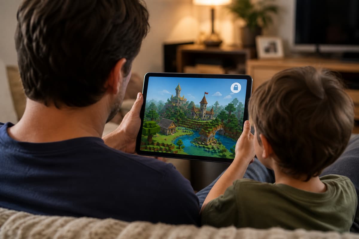 Un adulte et un enfant vus de dos tiennent un iPad affichant un jeu créatif en blocs avec une icône de cadenas.