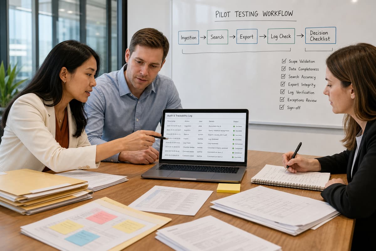 Trois professionnels réunis autour d'une table avec des dossiers et un ordinateur portable devant un tableau blanc illustrant les étapes d'un test pilote d'archivage.