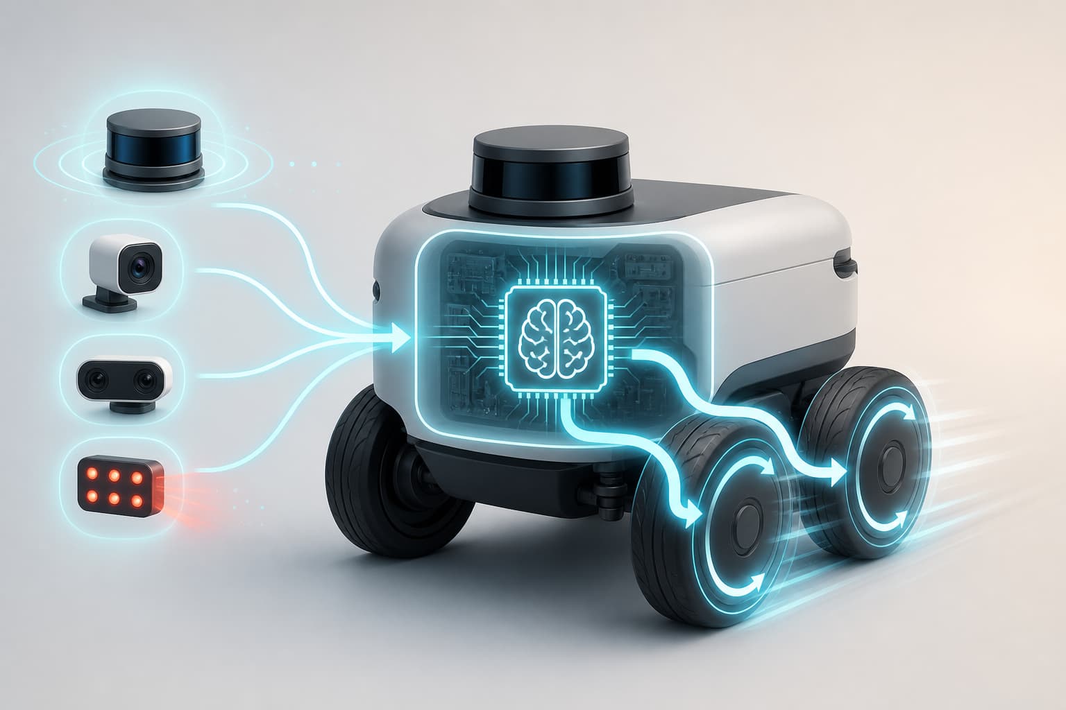 Schéma simplifié montrant un robot mobile générique avec des capteurs actifs, une unité de traitement centrale et des roues en mouvement, reliés par des flèches directionnelles.
