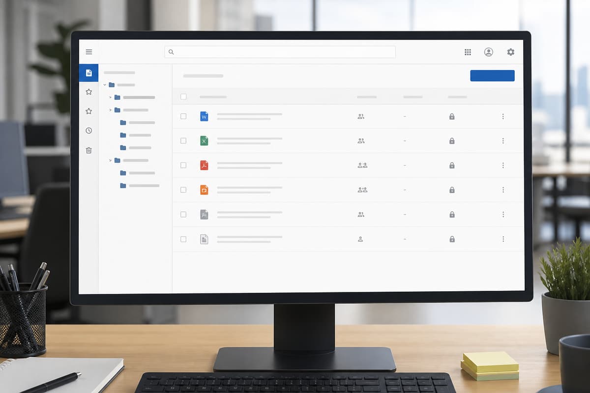 Écran d'ordinateur affichant une interface de gestion documentaire avec barre de recherche, dossiers classés et indicateurs d'accès sécurisé.
