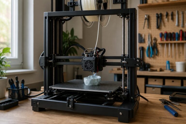 Une imprimante 3D à châssis ouvert en cours de fabrication d'une petite pièce sur son plateau chauffant dans un atelier domestique rangé.