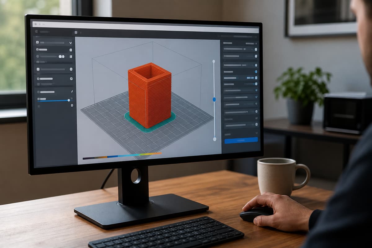 Écran d'ordinateur affichant un logiciel de tranchage avec un modèle 3D sur un plateau virtuel et un aperçu des couches d'impression.