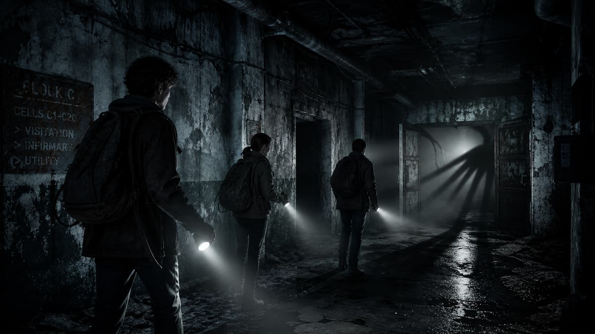 Trois silhouettes avancent avec précaution dans un couloir sombre et brumeux, guidées par les faisceaux étroits de leurs lampes torches.