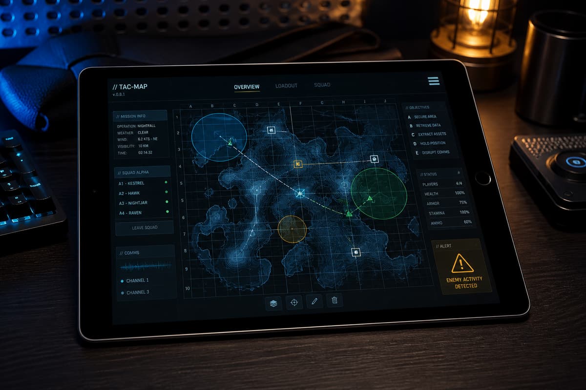 Un iPad posé sur un bureau affiche une carte tactique fictive avec un discret symbole d'alerte orange.