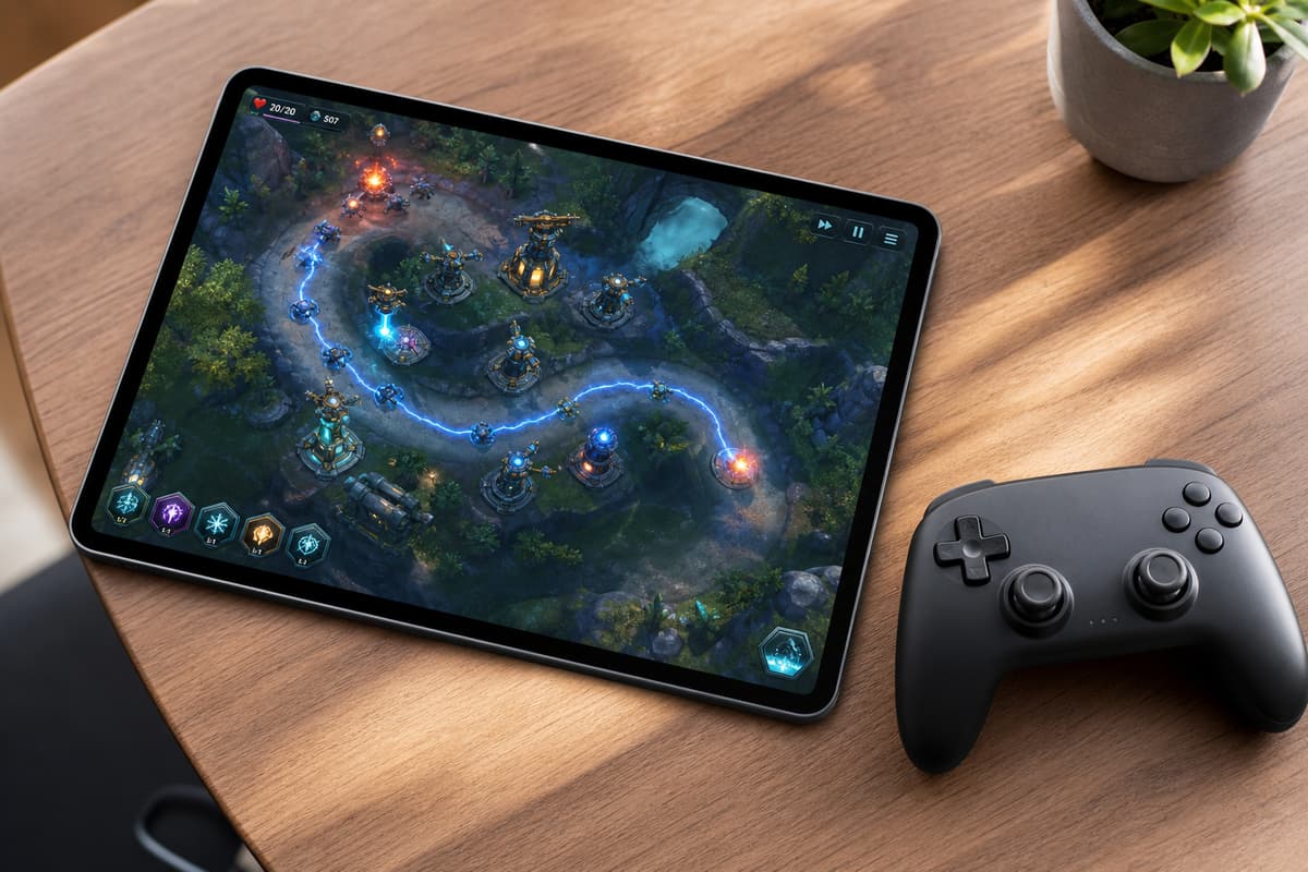Une tablette en mode paysage affichant un jeu de tower defense futuriste posée sur un bureau à côté d'une manette sans fil.