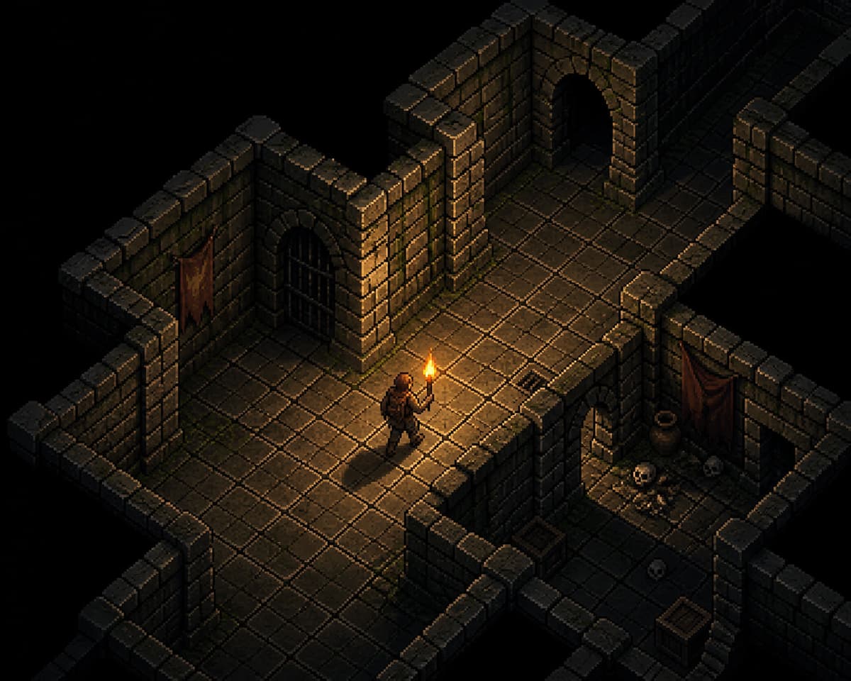 Aventurier solitaire en pixel art explorant un donjon en pierre éclairé à la torche sur un sol quadrillé.