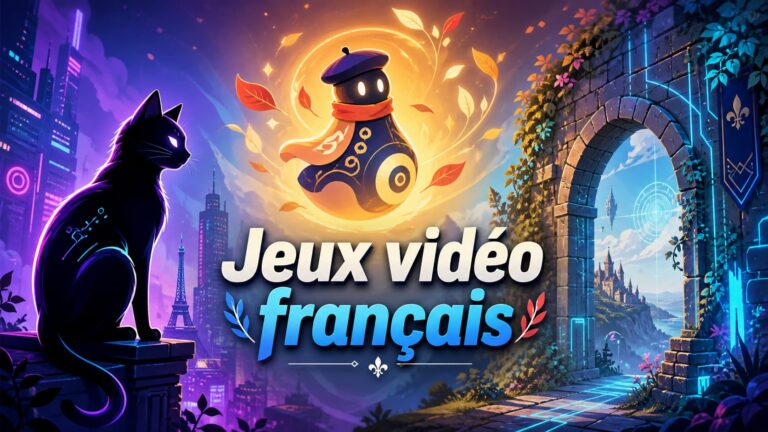 Composition artistique colorée montrant une silhouette de chat lumineuse, un personnage sans membres flottant et une arche médiévale futuriste, avec le texte « Jeux vidéo français » en surimpression.