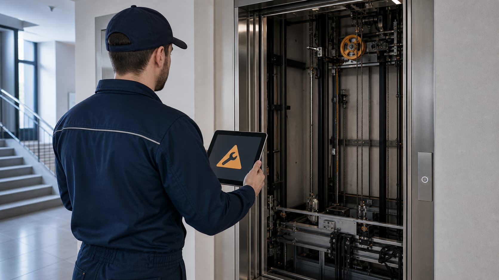 Technicien en tenue de travail consultant une tablette affichant une alerte de maintenance, debout devant les portes ouvertes d