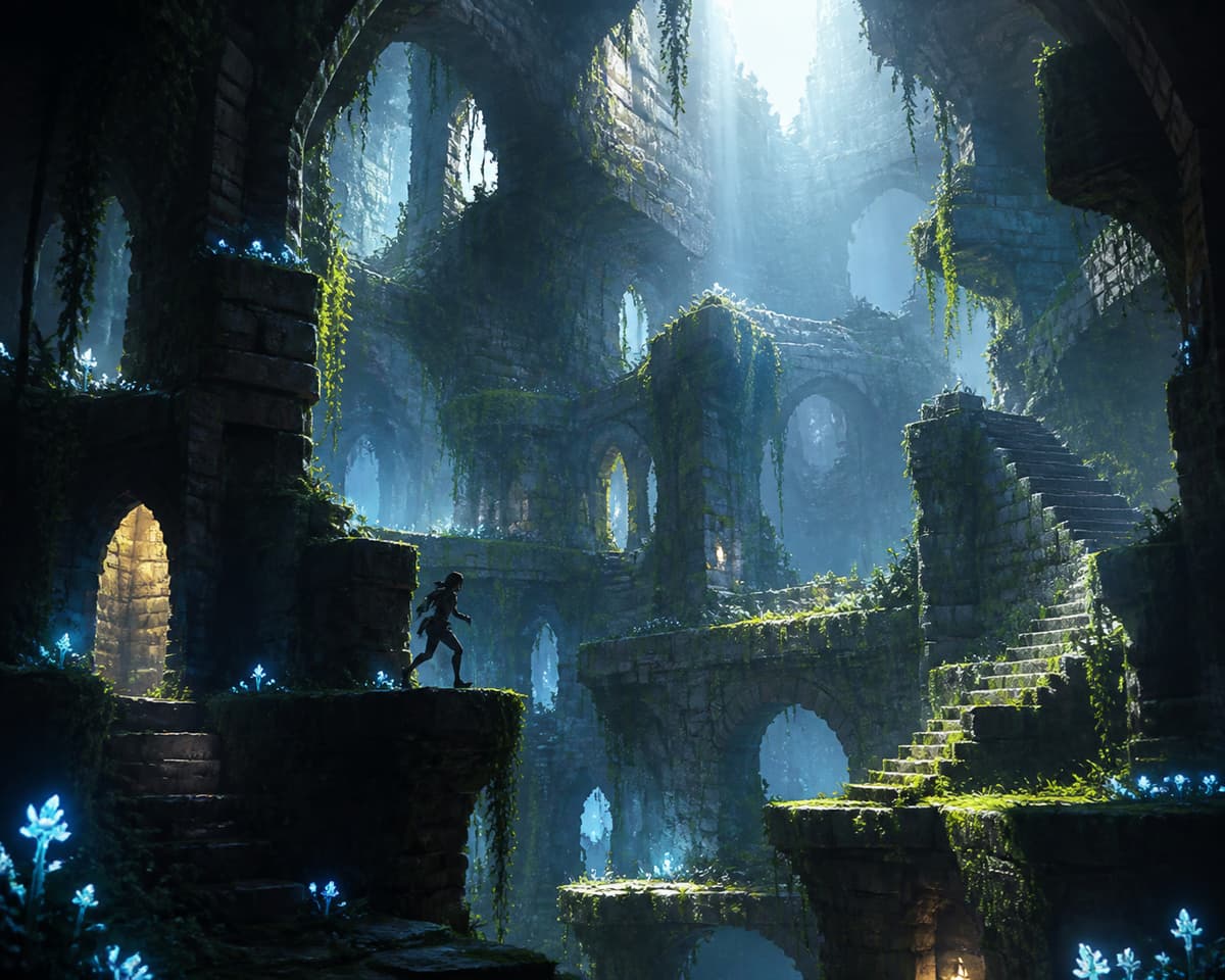 Un explorateur agile évolue sur des plateformes étagées au cœur de ruines de pierre envahies par une végétation lumineuse.
