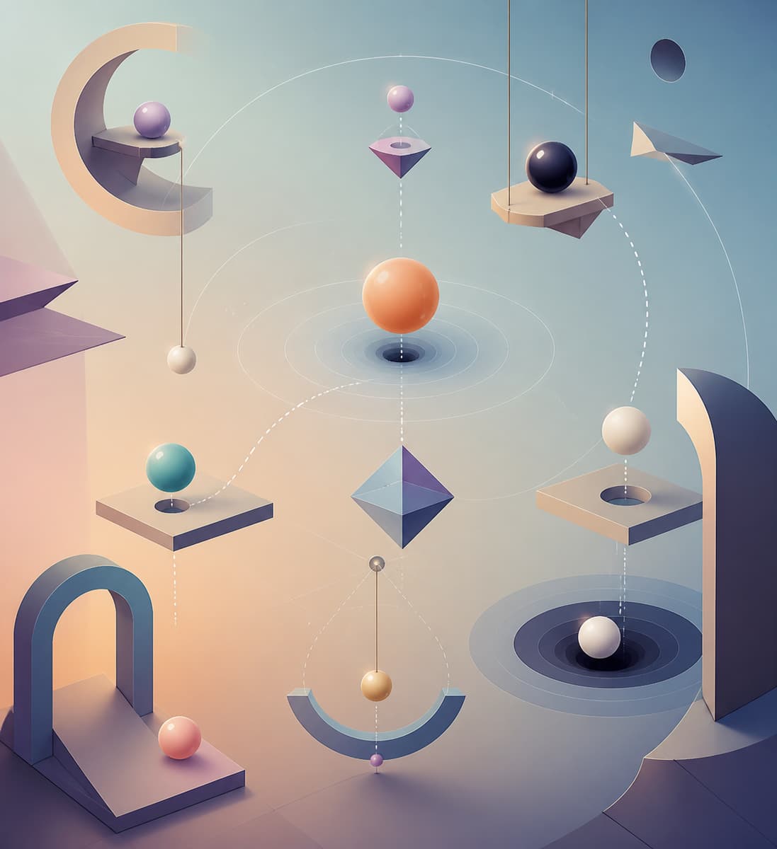 Composition en deux dimensions montrant des formes géométriques et des sphères en apesanteur dans un univers surréaliste et épuré.