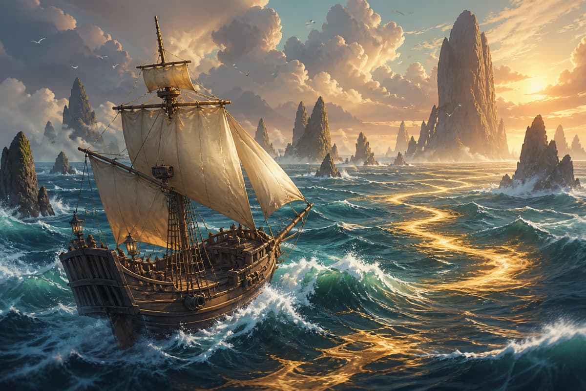 Un petit voilier pirate navigue sur une mer agitée à proximité d'îlots rocheux baignés d'une lueur dorée.