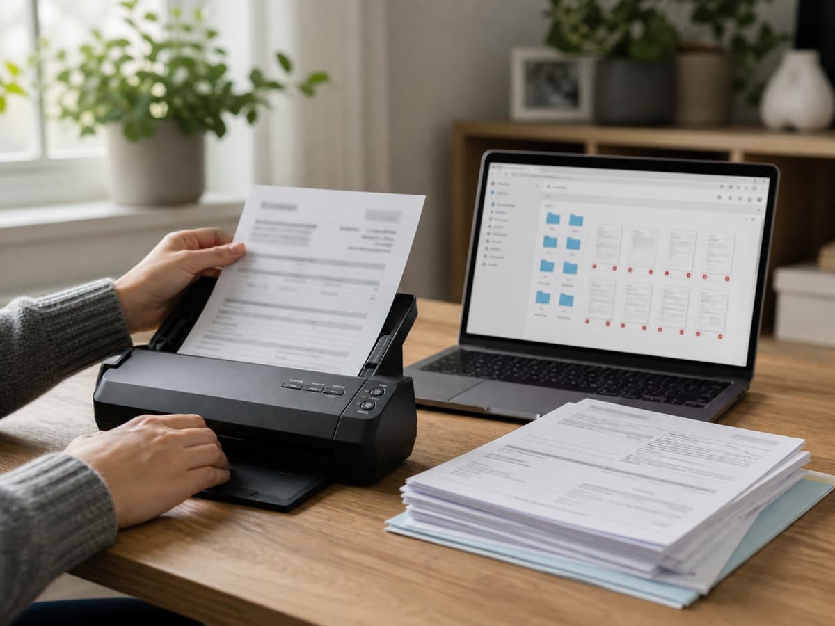 Une personne insère une feuille dans un scanner compact à côté d'un ordinateur portable affichant des dossiers numériques classés.