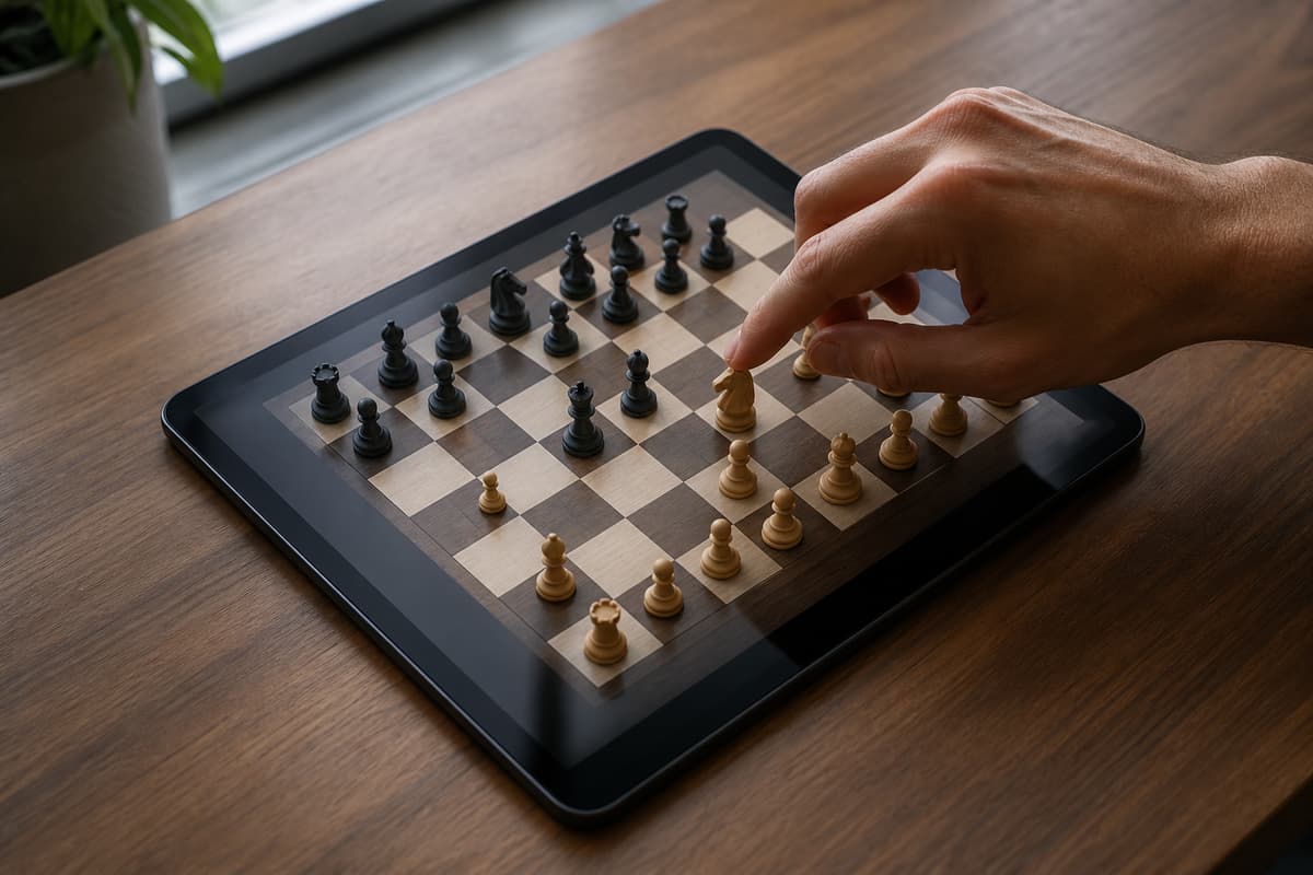 Une main s'apprête à déplacer une pièce sur un échiquier numérique affiché sur l'écran d'un iPad posé sur une table en bois.