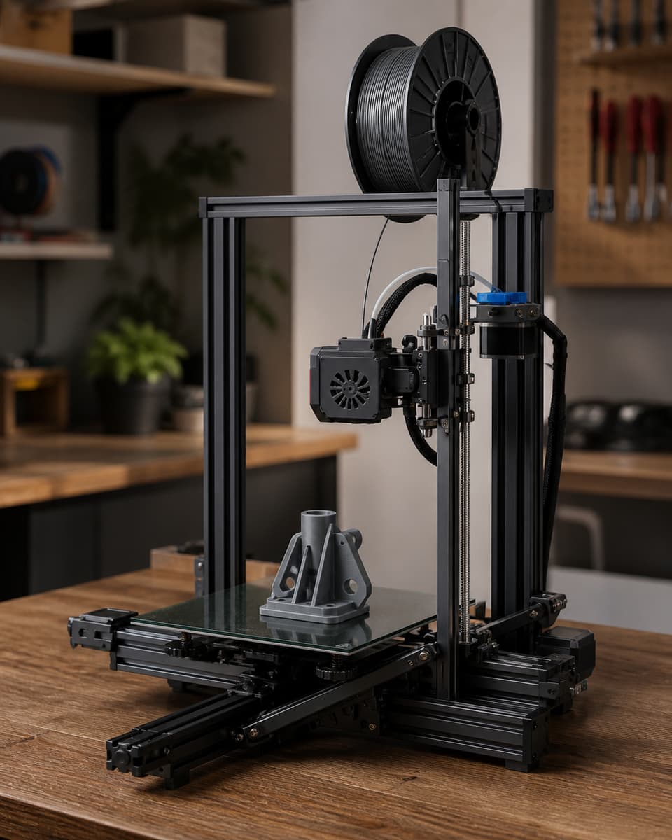 Une imprimante 3D FDM à châssis ouvert avec une pièce mécanique grise posée au centre de son plateau en verre sombre.