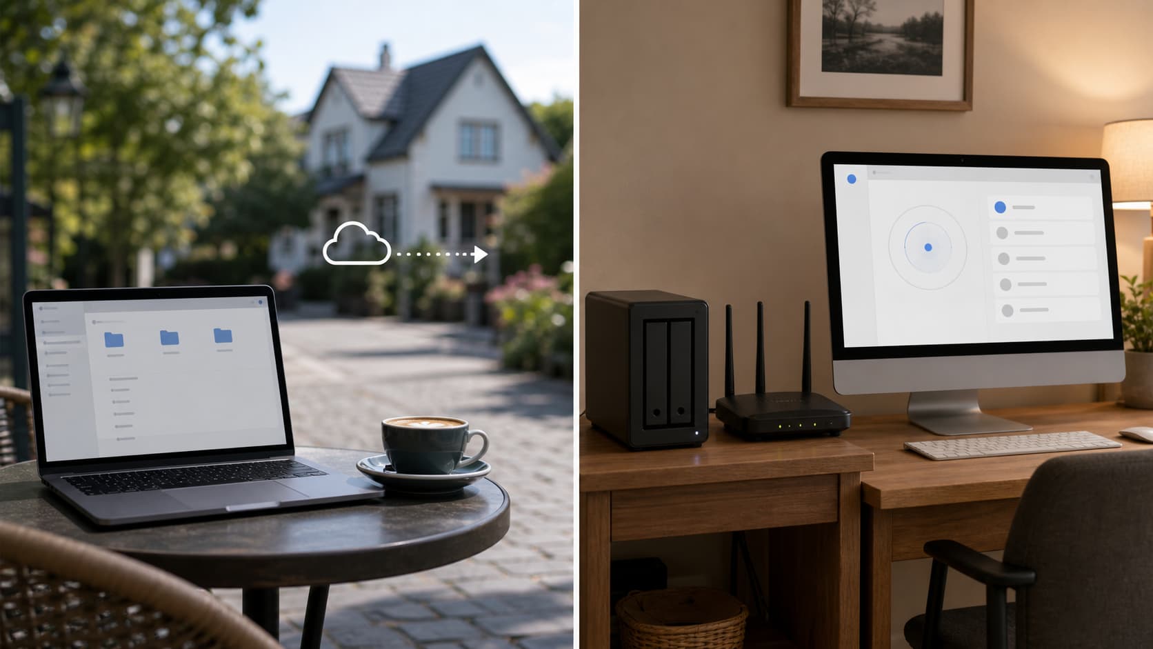 Comparaison en deux scènes : à gauche un ordinateur portable en extérieur accédant à un NAS via Internet, à droite un ordinateur domestique détectant le même NAS posé à côté du routeur sur le réseau local.
