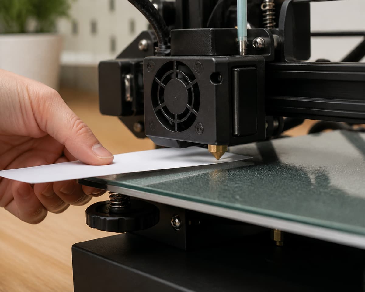 Une main glisse une feuille de papier blanc entre la buse et le plateau propre d'une imprimante 3D pour vérifier l'écartement.