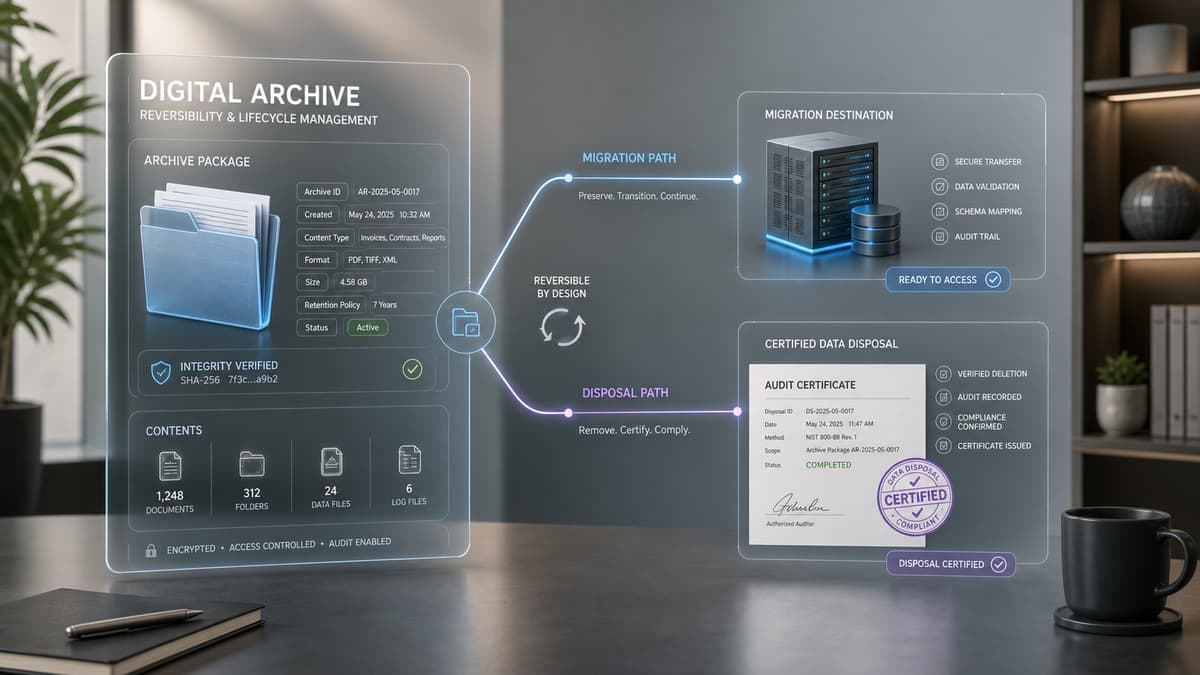 Schéma conceptuel présentant le cycle de réversibilité d’une archive numérique, de son export structuré vers une nouvelle destination ou vers une destruction contrôlée avec attestation.