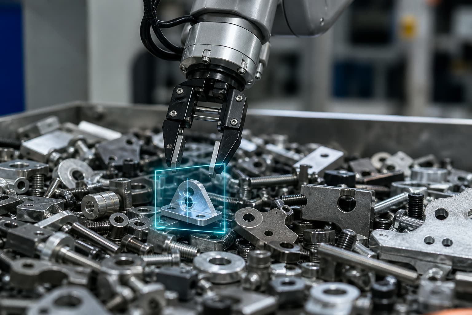 Bras robotisé industriel saisissant une pièce métallique parmi des pièces en vrac, avec un indicateur de détection visuel superposé indiquant la reconnaissance par IA.