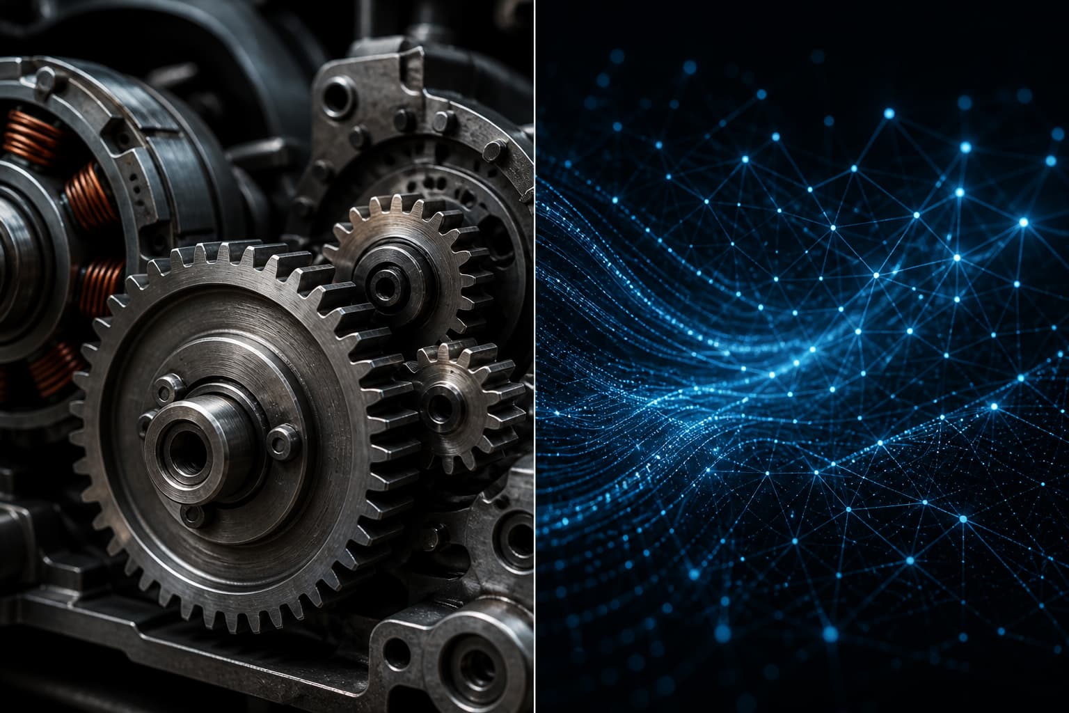 Une composition visuelle séparée en deux : à gauche des engrenages mécaniques, à droite une abstraction de flux de données numériques, une ligne nette divisant l’image.