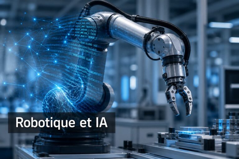 Bras robotique industriel en action, partiellement transformé en lignes de code et nœuds de réseau neuronal, avec le texte superposé 'Robotique et IA' sur fond technologique neutre.