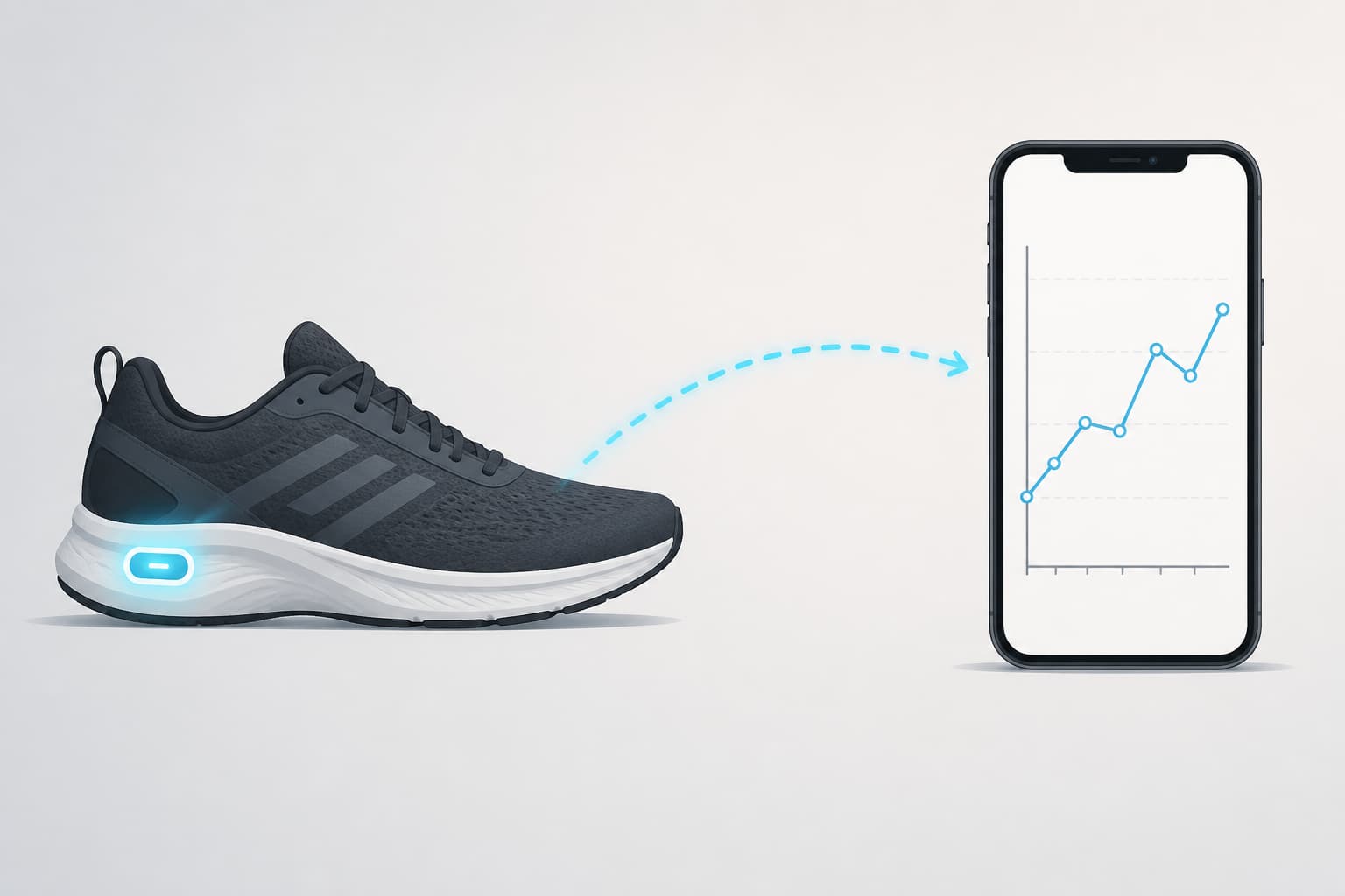 Schéma simplifié montrant une chaussure de sport avec un capteur actif, reliée par un trait graphique à un smartphone affichant une courbe de données.